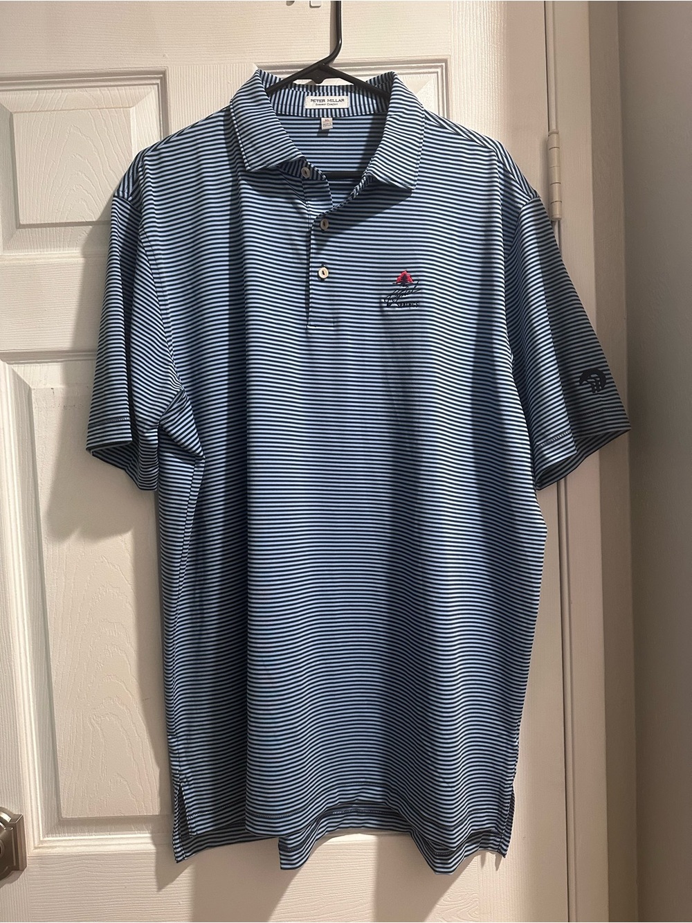 Peter Millar Men's Blue Striped Polo Shirt with Crystal Springs logo